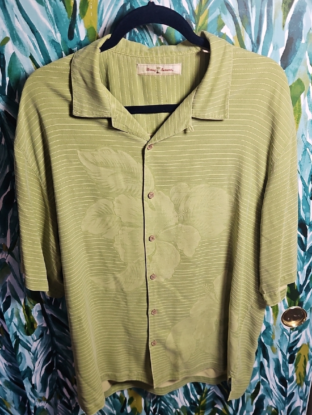 Vintage Tommy Bahama Light Green Floral Striped Camp Shirt